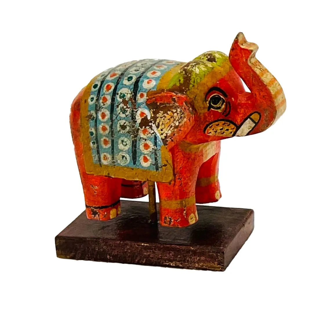 Elefante de Madera Naranja – verde - beige Pintado en India - Image 3
