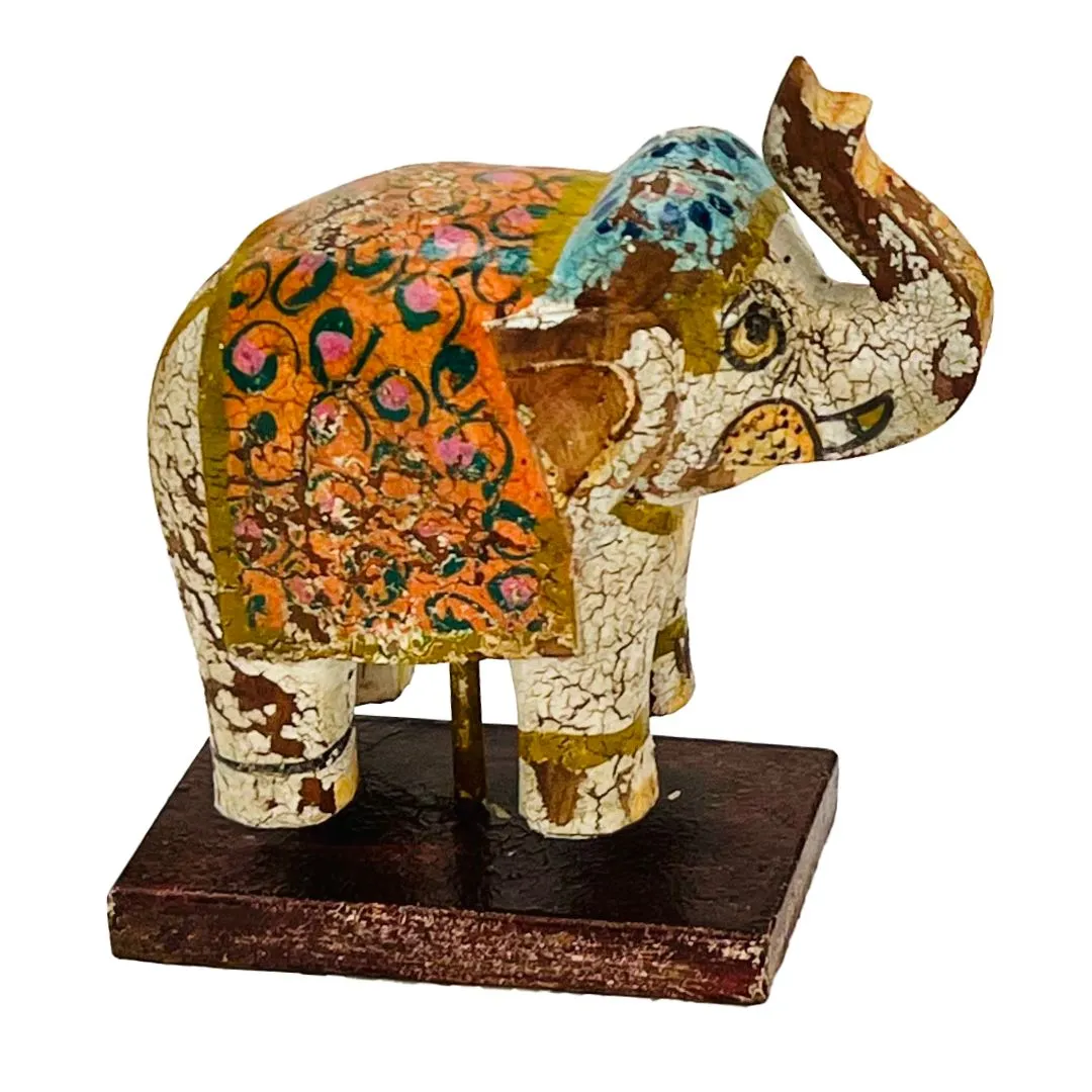 Elefante de Madera Naranja – verde - beige Pintado en India - Image 2