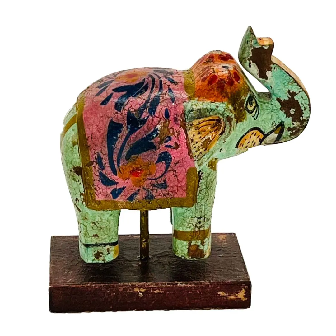 Elefante de Madera Naranja – verde - beige Pintado en India - Image 4
