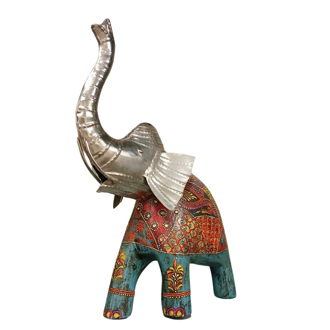 Elefante de Madera Beige – naranja - azul Pintado en India - Image 3