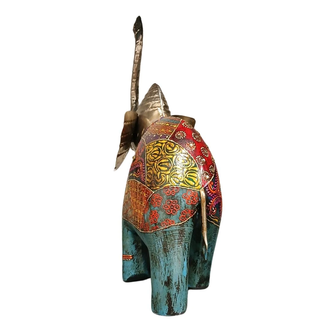 Elefante de Madera Beige – naranja - azul Pintado en India - Image 4