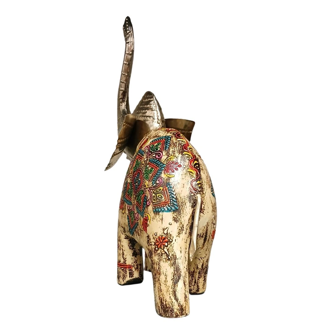 Elefante de Madera Beige – naranja - azul Pintado en India - Image 2