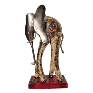 Elefante de Madera y Metal Beige – azul Pintado en India
