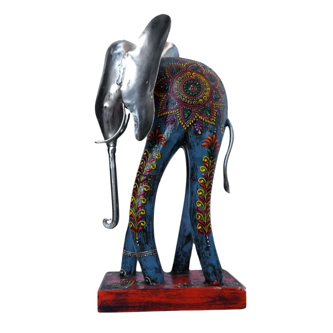 Elefante de Madera y Metal Beige – azul Pintado en India - Image 2