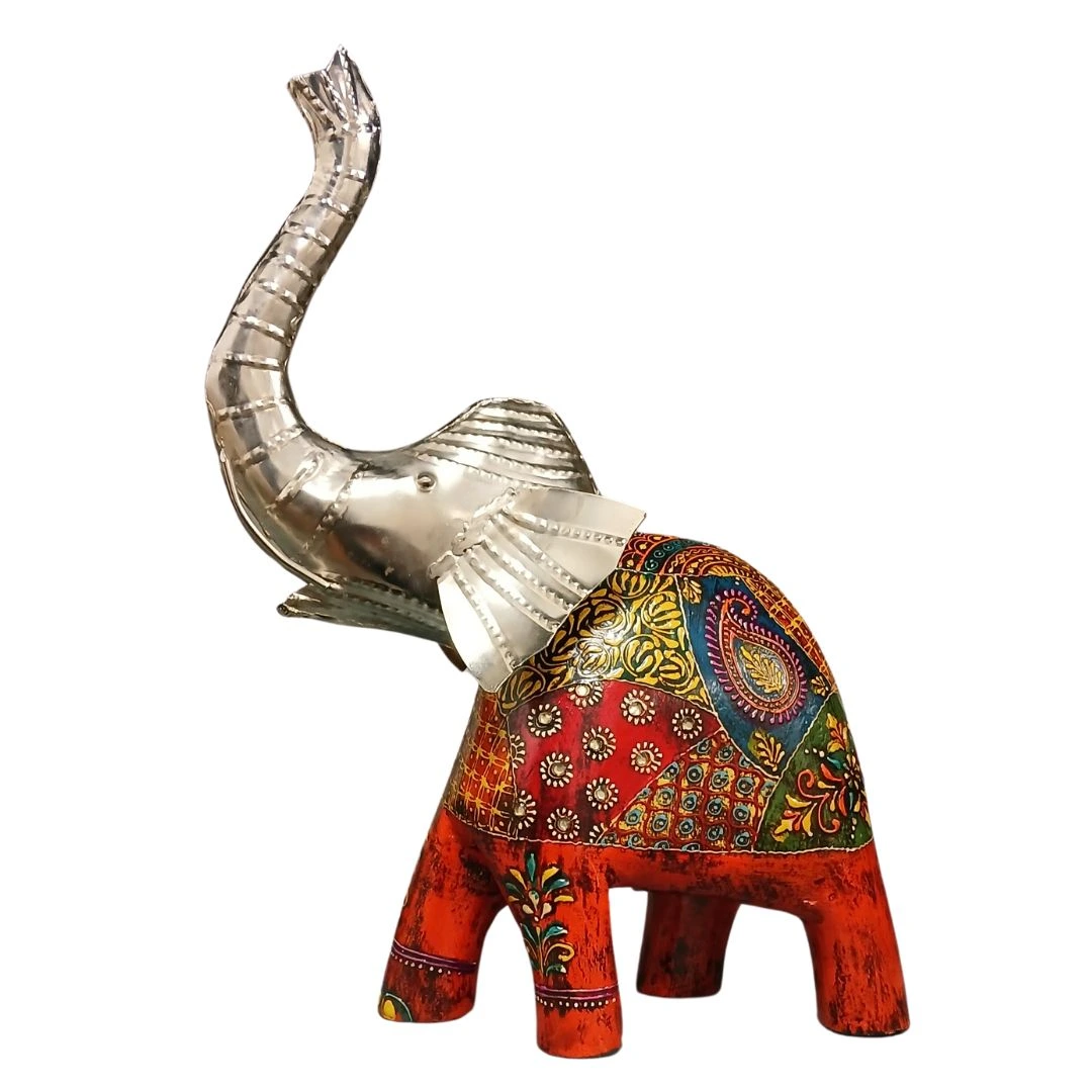 Elefante de Madera Beige – naranja - azul Pintado en India - Image 5