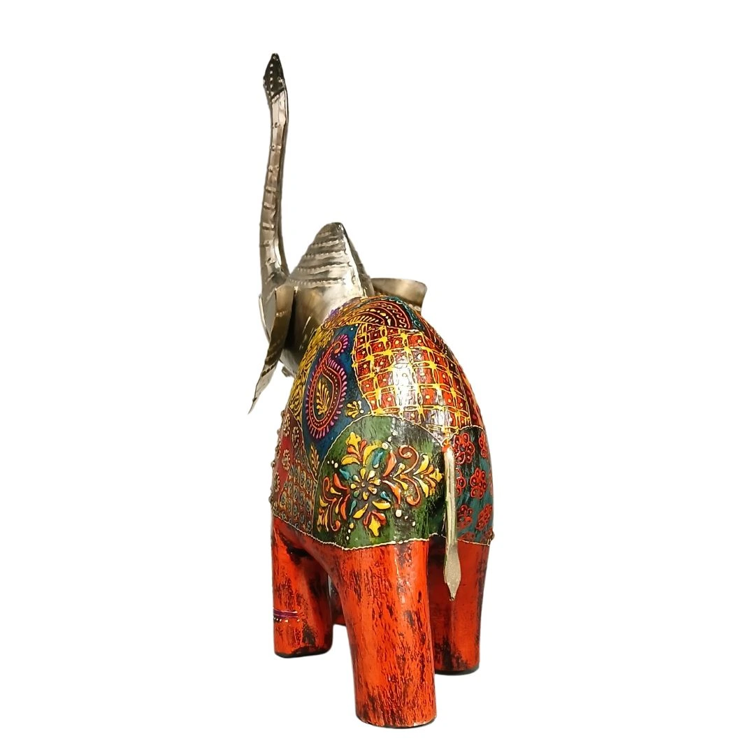 Elefante de Madera Beige – naranja - azul Pintado en India - Image 6
