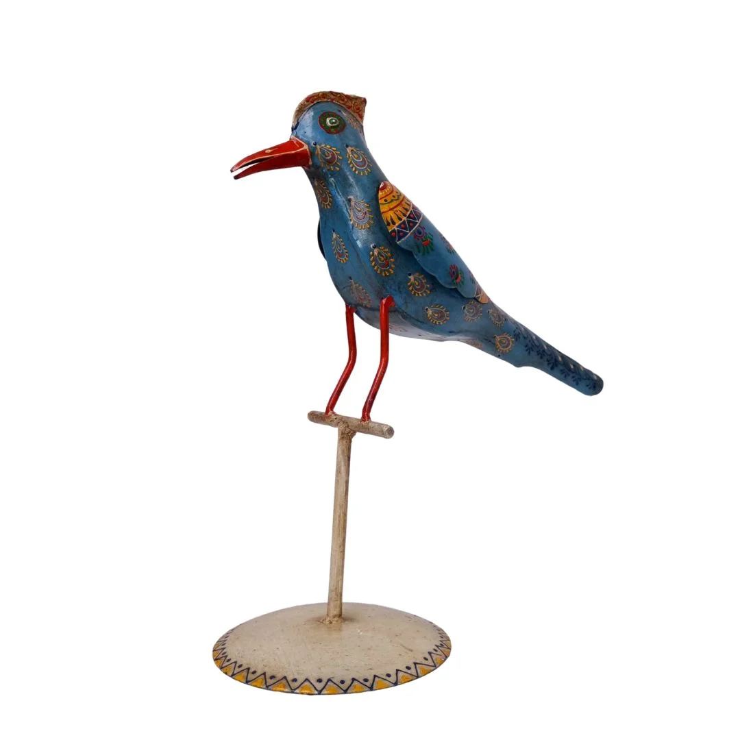 Pájaro de Madera y Metal Beige – azul Tallado en India - Image 2