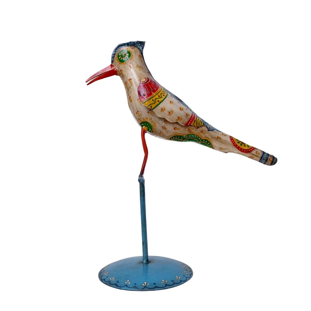 Pájaro de Madera y Metal Beige – azul Tallado en India - Image 3