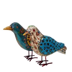 Pájaro Pequeño de Madera y Metal Beige – azul Tallado en India
